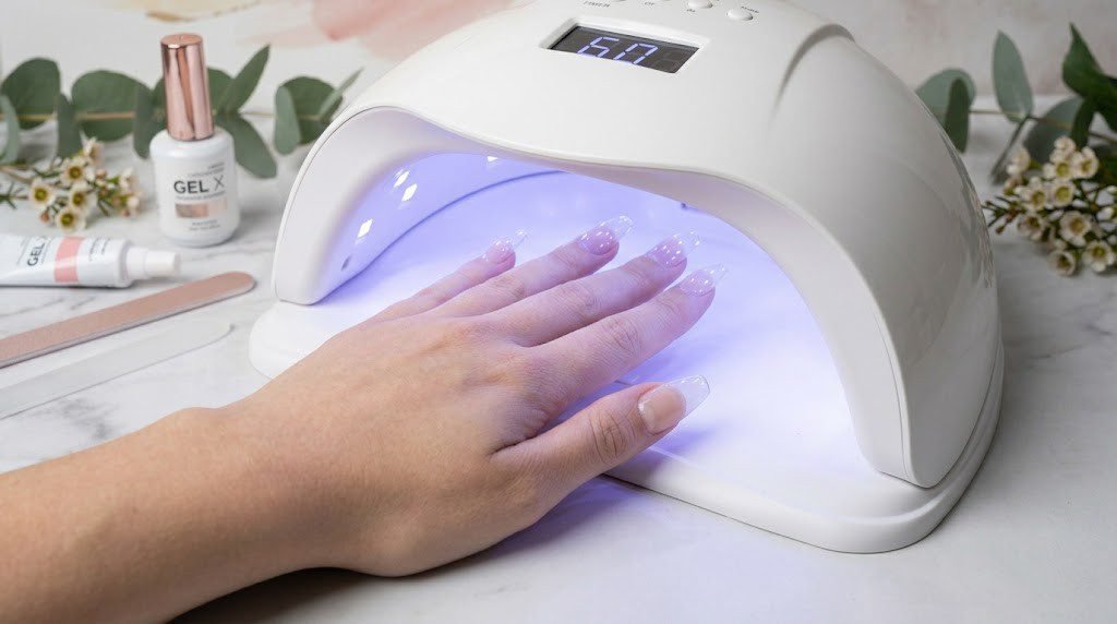 Hand with Gel X nail tips curing under an LED lamp during a gel manicure