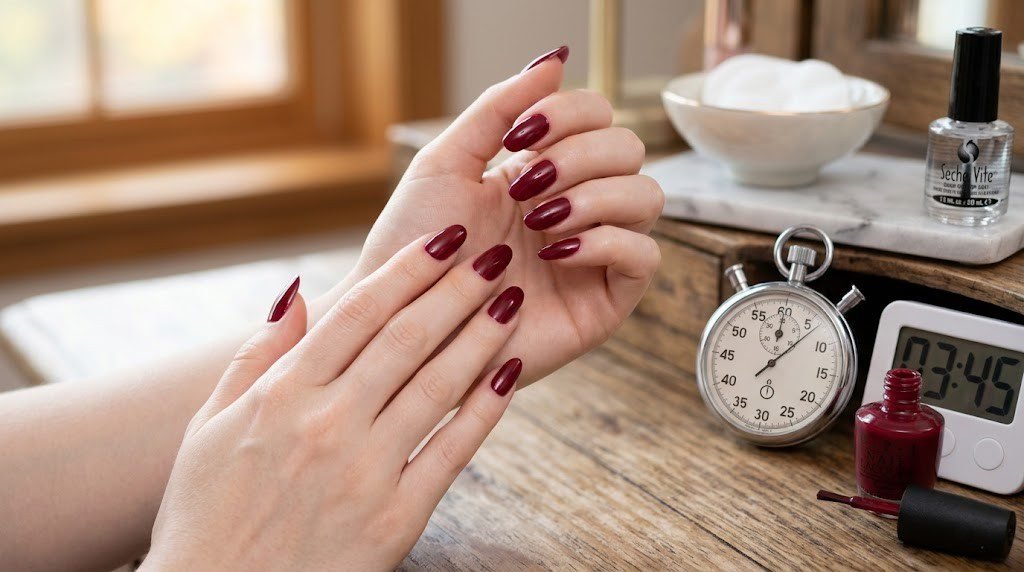 How long does nail polish take to dry shown with dark red almond nails, stopwatch, and Seche Vite top coat bottle