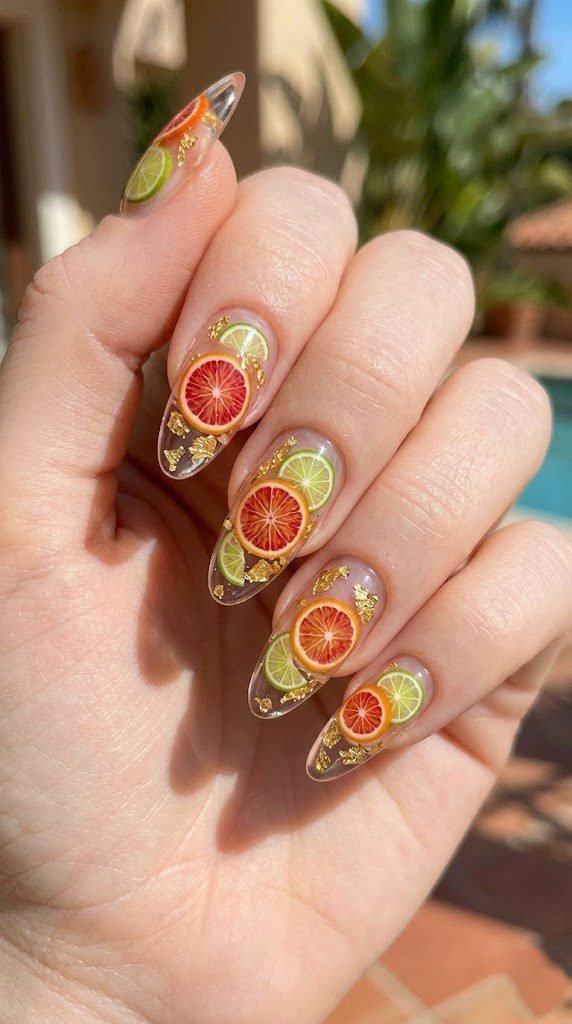 Clear glass almond nails with 3D encapsulated blood orange grapefruit lime slices and gold leaf foil