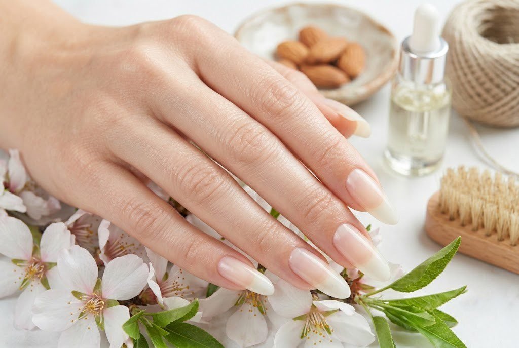 Almond nail shape with a softly tapered tip and natural finish
