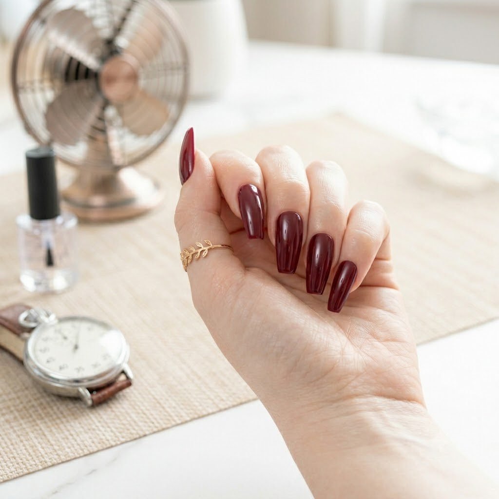 how to dry nails fast using a small fan with dark red coffin nails on marble surface