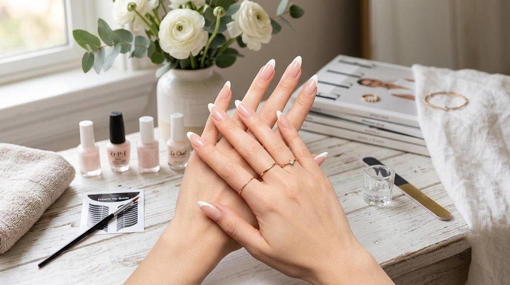 French tip nails DIY manicure setup with tip guides, nail polish, and nail file