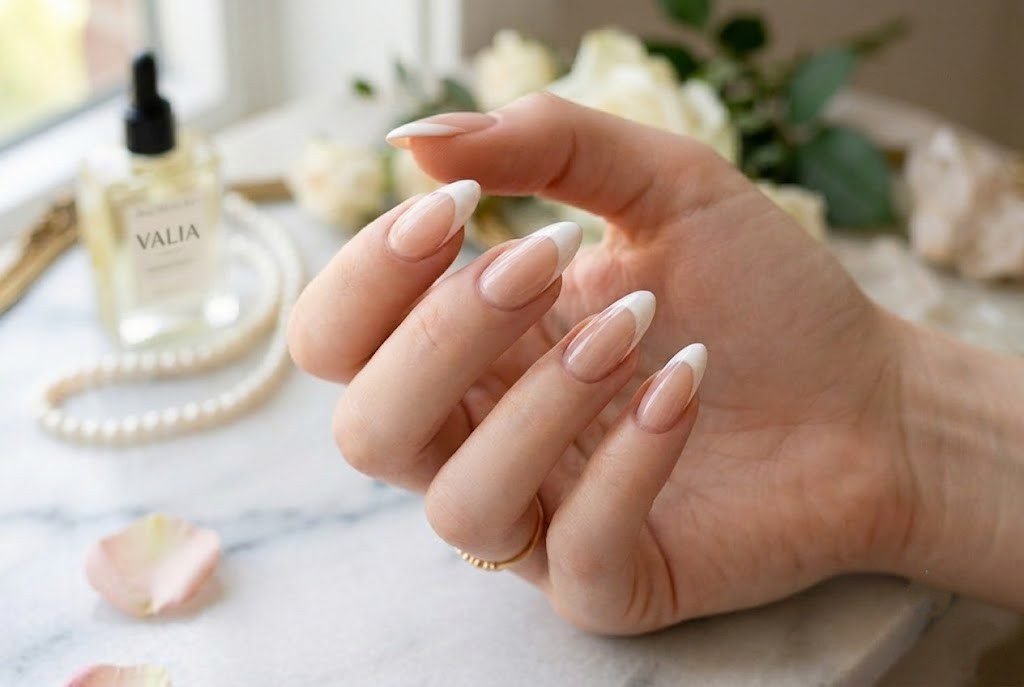 White french tip nails on long almond shaped nails with sheer nude base