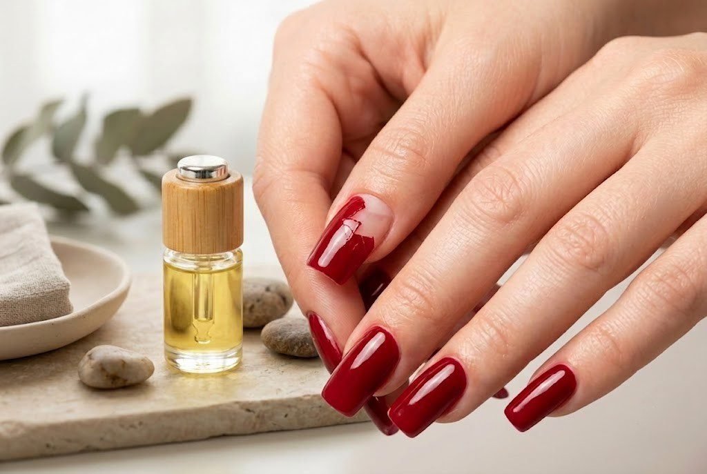 gel polish peeling at the cuticle showing lifted edge on deep red gel nails