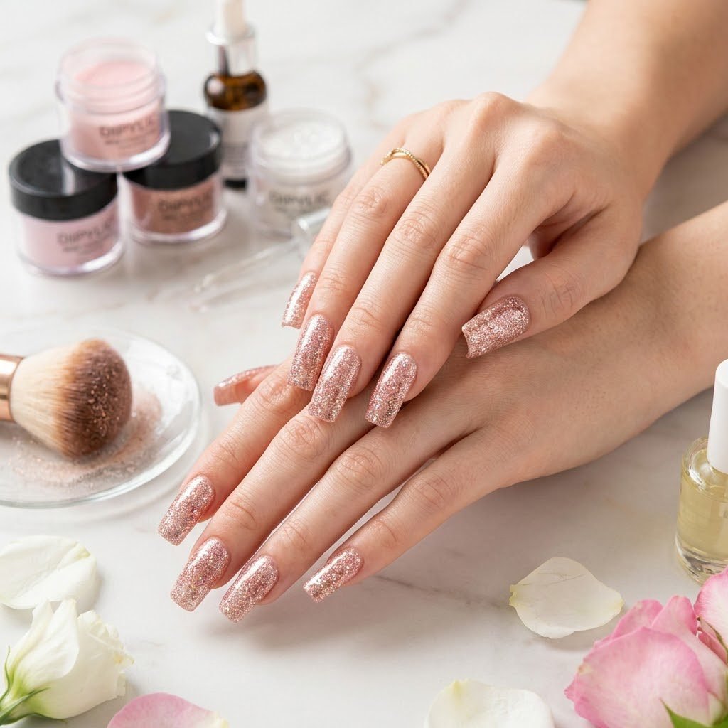rose gold glitter dip powder nails with nail powder jars on marble surface