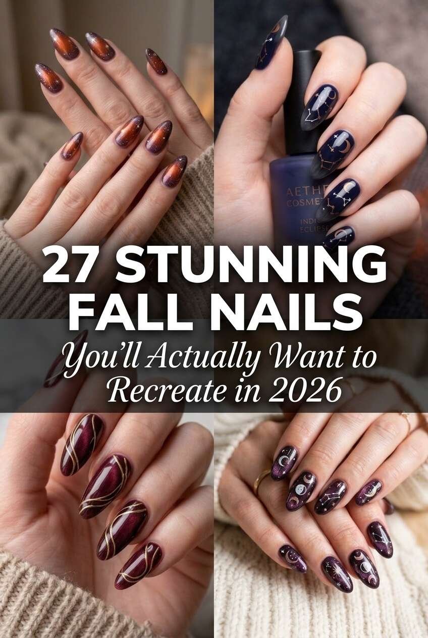 fall nail designs collage burgundy cat eye, chocolate brocade, and matte plum branch nails