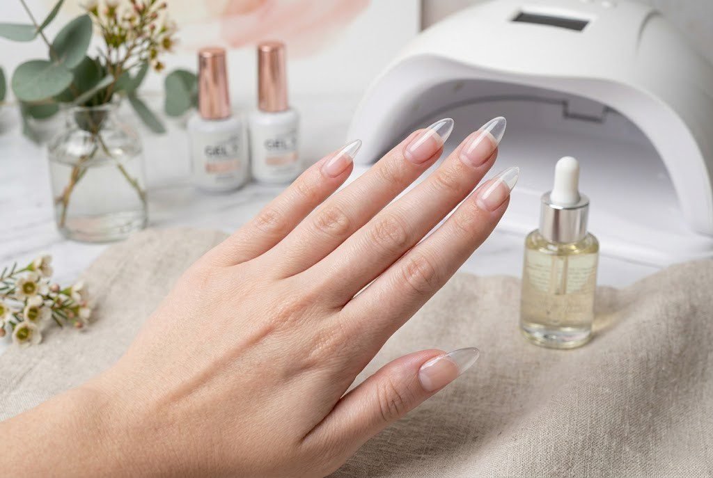 Soft gel nail extensions with a clear natural finish next to cuticle oil