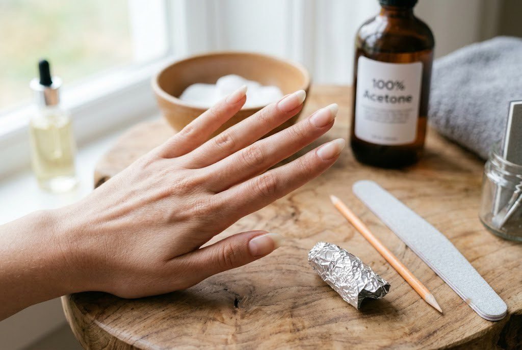 fingers wrapped in plastic wrap soaking in acetone to remove gel nails