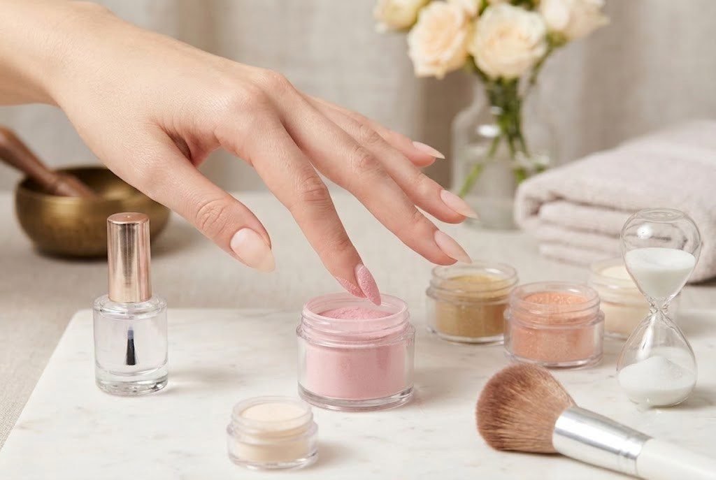 finger being dipped into pink nail powder jar showing how dip powder nails are applied