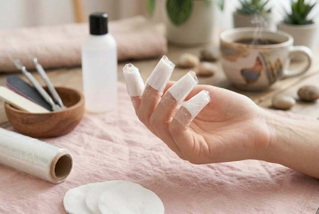 fingers wrapped in foil for gel nail polish removal" Suggested placement: Step 3 (Wrap and Wait)