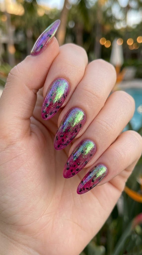 Magenta to iridescent lime chrome almond nails with watermelon seed specks and holographic glitter