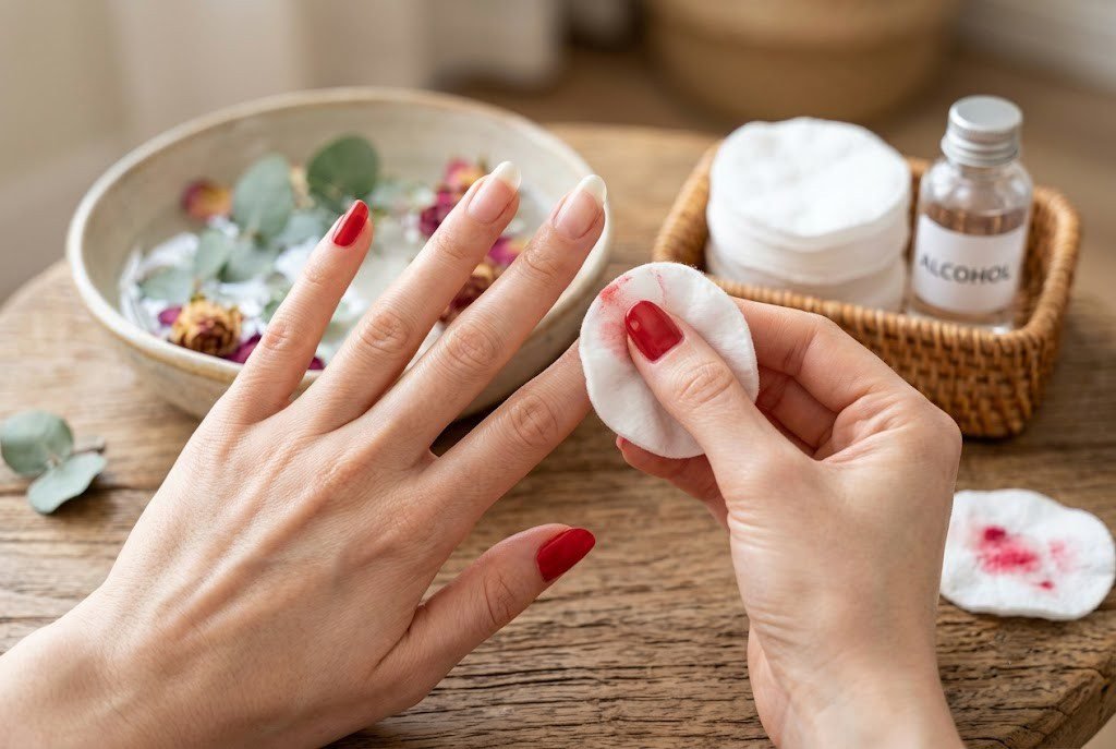 Hands using rubbing alcohol and cotton pad to remove red nail polish at home