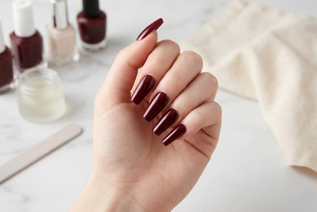 Deep maroon nail polish applied over a gel manicure with glossy finish