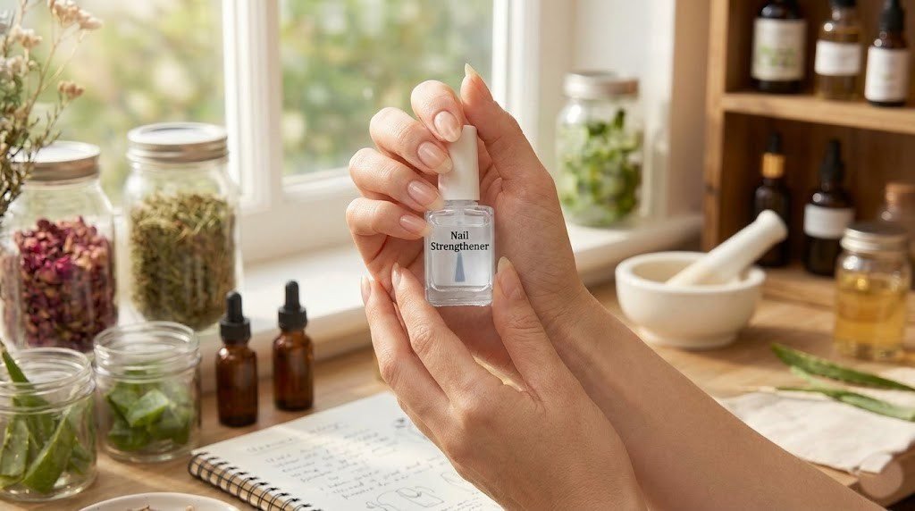 Hands holding a nail strengthener bottle surrounded by dried herbs, essential oils, and glass jars on a wooden desk representing natural nail treatment options