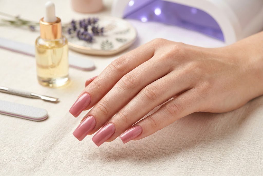 how to make gel nails last longer mauve gel manicure with UV lamp and nail care supplies