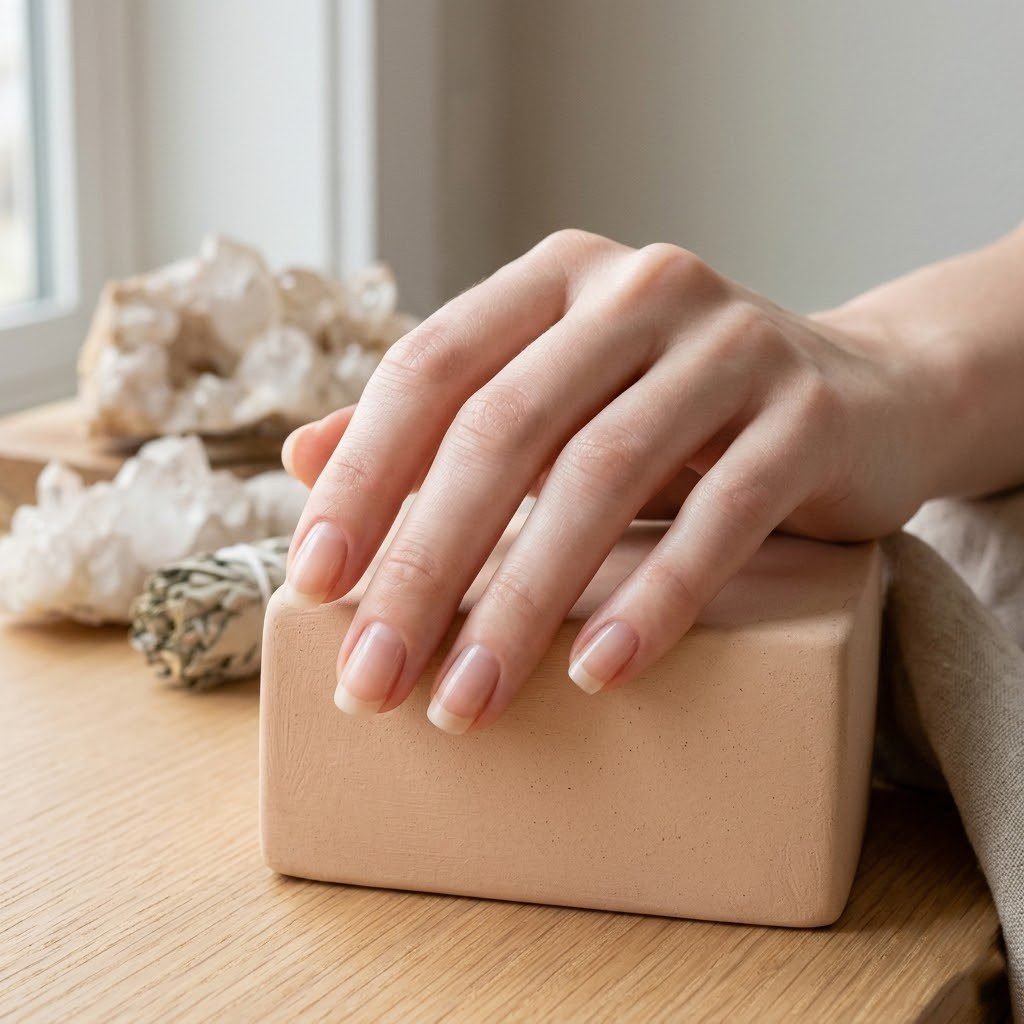 Natural long nails with squoval shape at medium length resting on a clay block