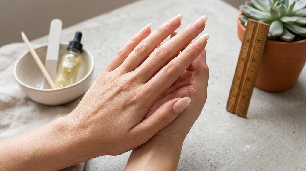 Natural nail maintenance routine with cuticle oil and nail file showing ideal nail length for natural nails