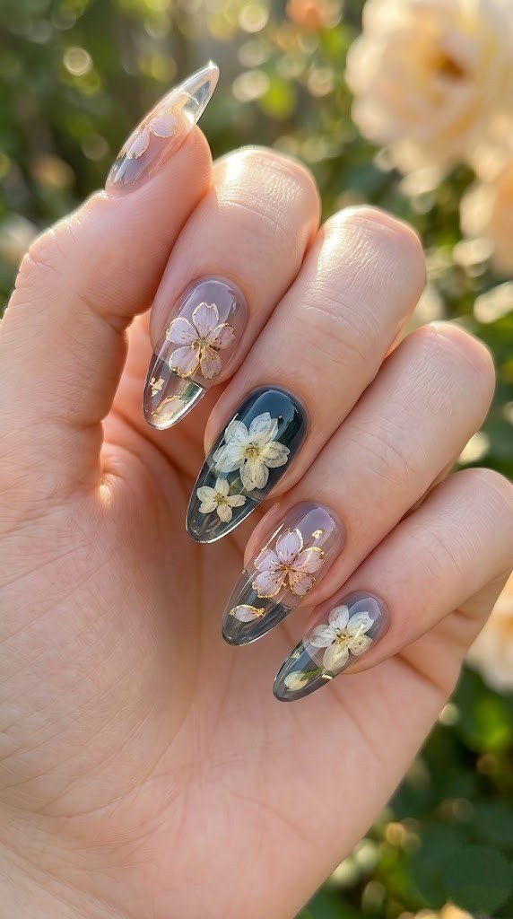 Almond jelly nails with real pressed pink flowers and gold foil petal accents in clear gel