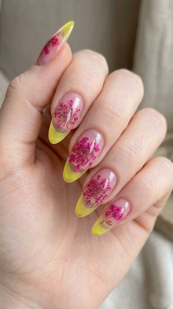 Clear jelly almond nails with real pressed pink lace flowers and transparent neon yellow French tips