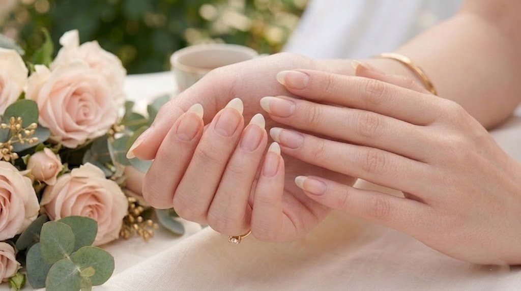 Strong healthy natural nails with almond shape after following a consistent nail care routine