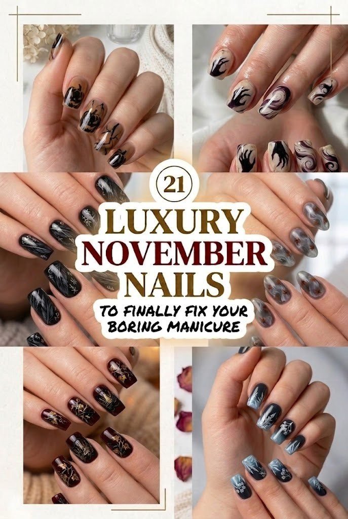 Collage of short fall acrylic nails featuring pumpkin, gothic, and frost art