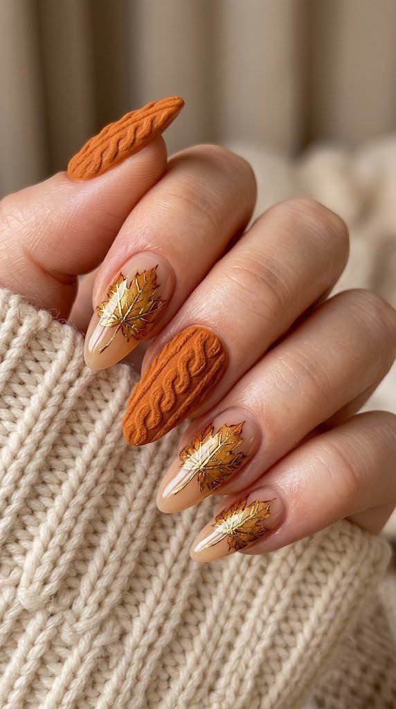 Pumpkin knit texture nails with gilded maple leaves, cozy fall nail colors