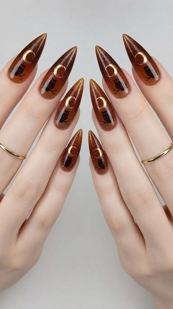 fall stiletto nails featuring a chrome harvest moon accent nail