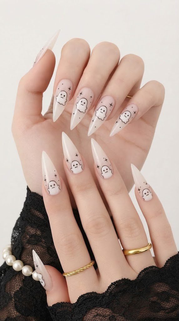 Milky white stiletto ghost nail design with tiny star dots for cute Halloween nails