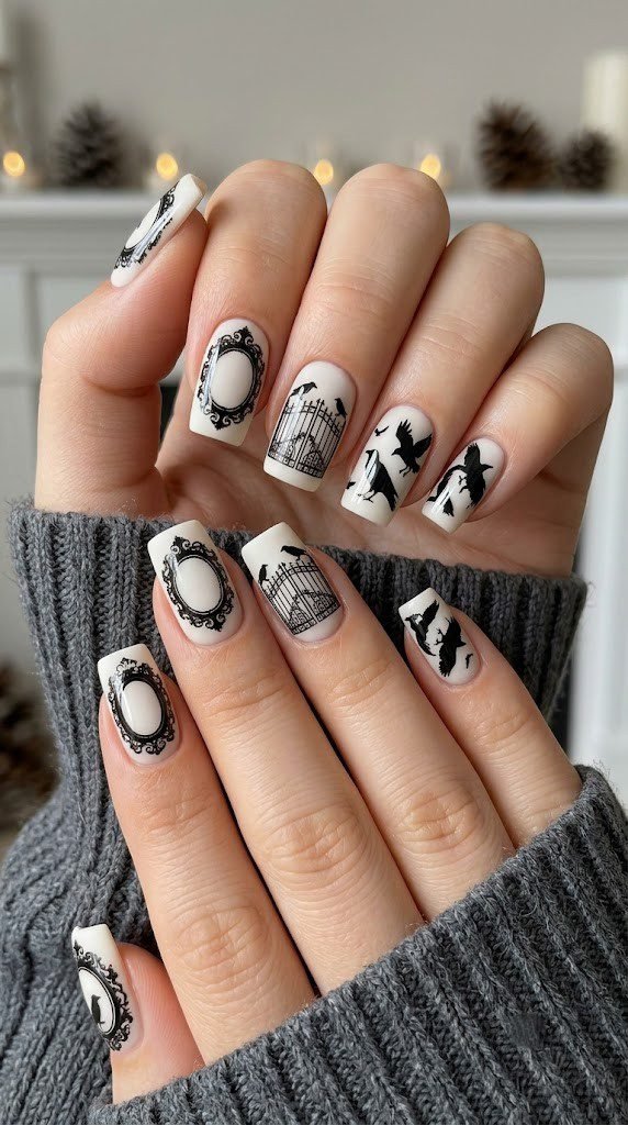 Gothic Halloween square nails with black crow and iron gate silhouettes