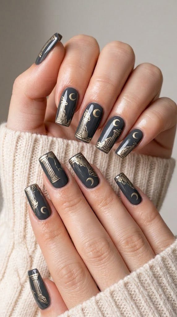 Charcoal fall square nails with gothic stone pillars and gold moons