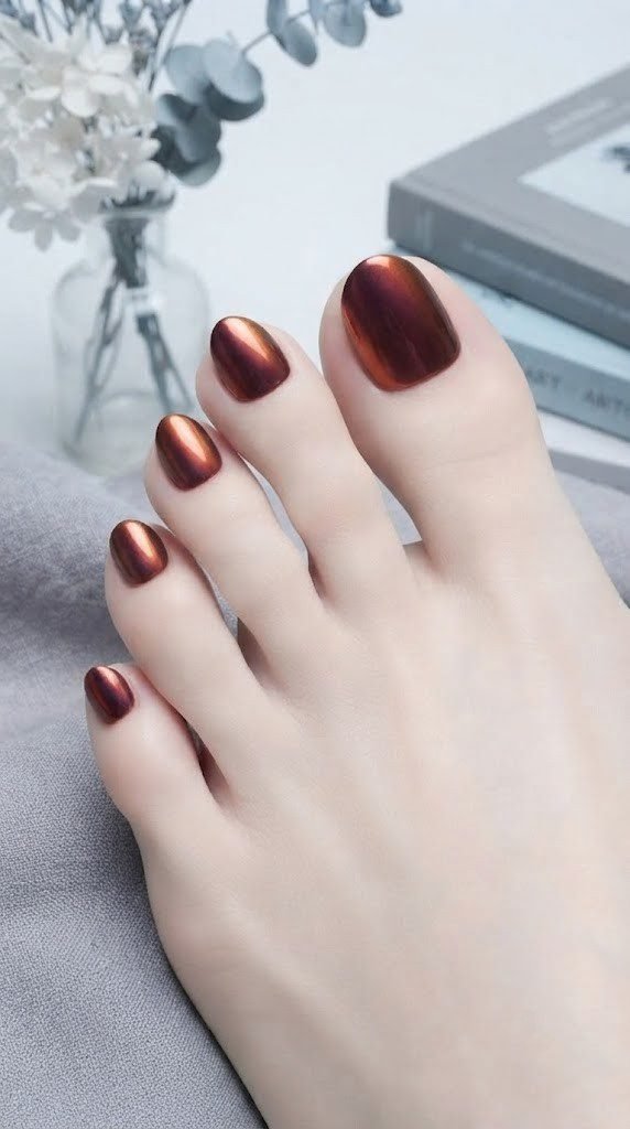 Mirror chrome duochrome fall toe nail design shifting burgundy to burnt orange