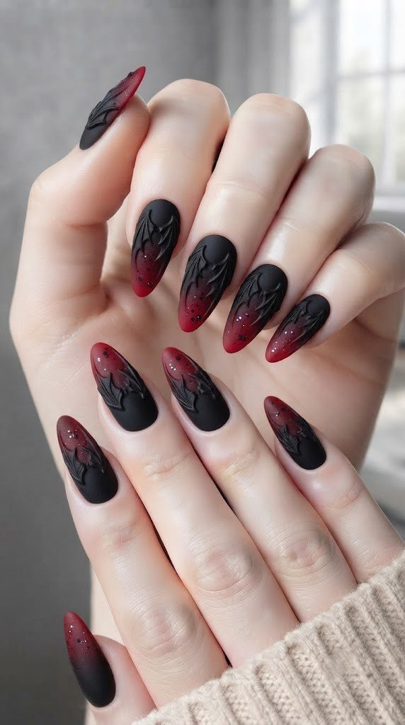bat wing vampire nails with a sculpted red ombre fade