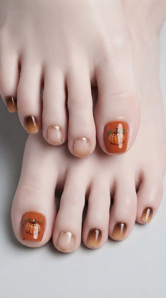 October toe nails with hand-painted pumpkin and gold glitter accent