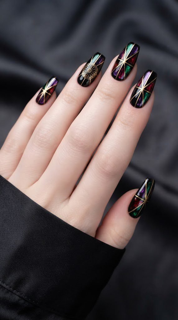 Jewel-toned stained glass black Halloween nails with a gold rose window accent