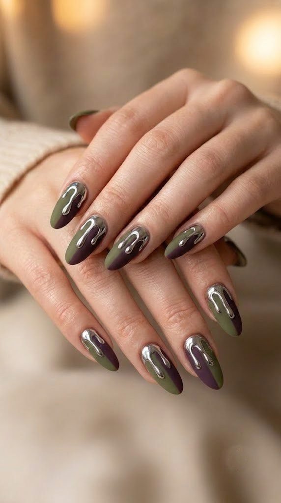 Olive and plum color block October nails split by a platinum chrome drip
