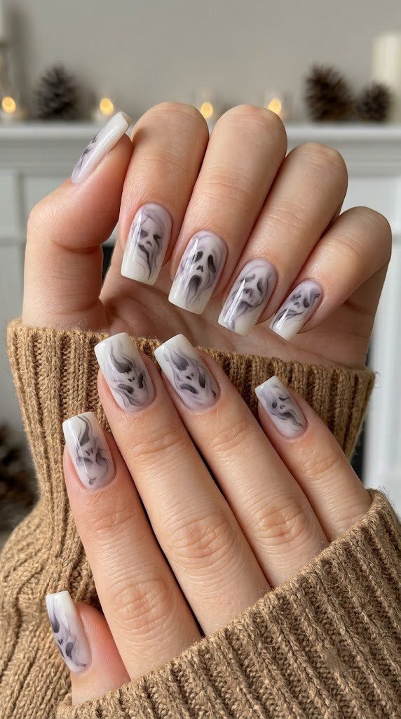 Ethereal square Halloween nails with pale smoky ghost wisps on white