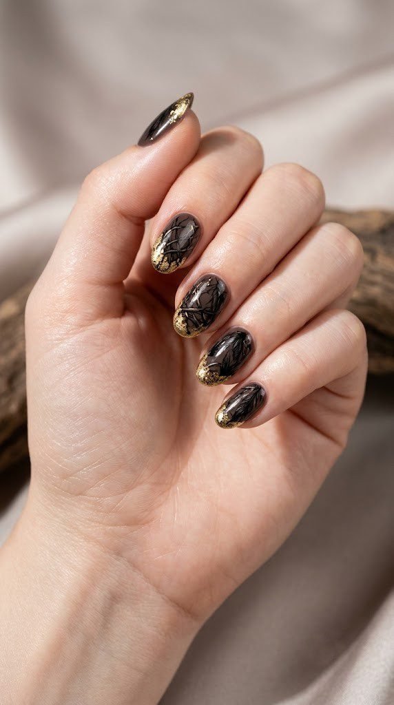 Espresso fall almond nails with raven feathers and gold leaf trim