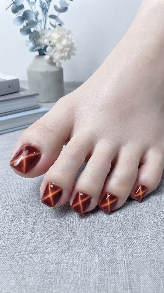 Magnetic cat-eye burgundy toe nails with a golden-orange light streak
