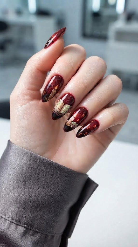 Wine red nail art featuring an open spell book and flickering candle design