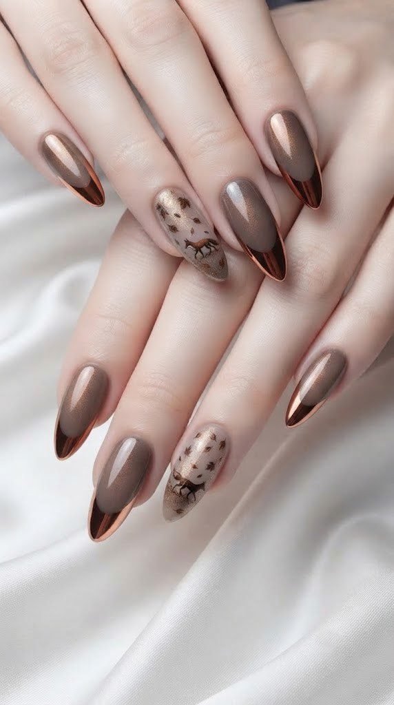 fall stiletto nails in taupe brown with hand-painted fox silhouette