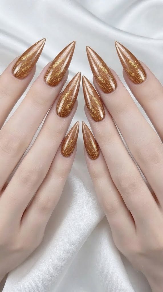 chrome stiletto nails in toffee caramel with golden wheat detail