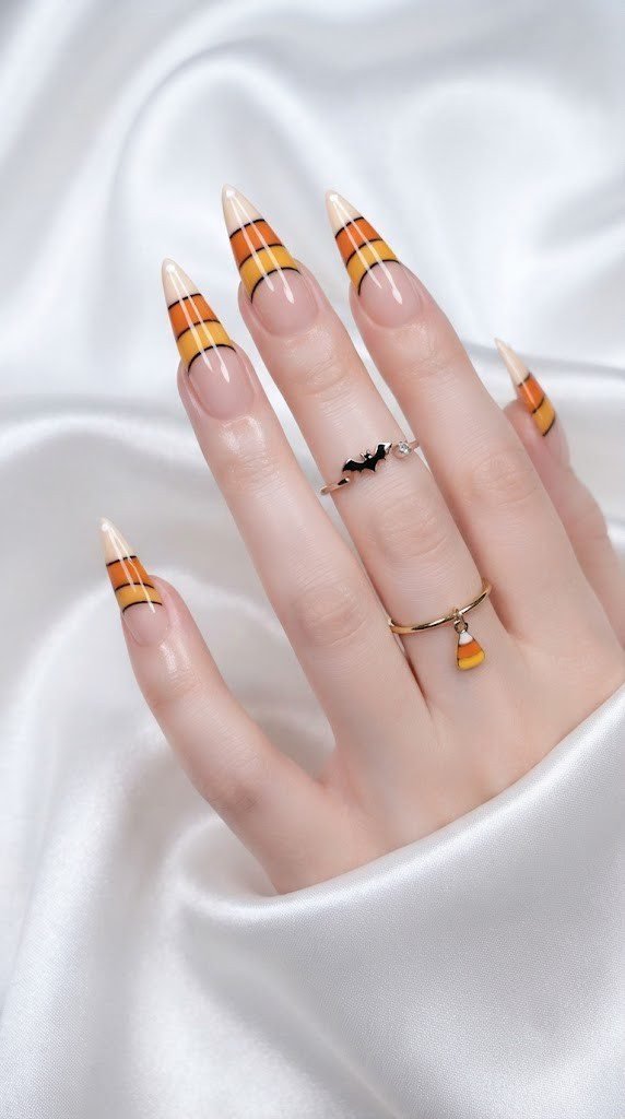 Candy corn color-block tip on a nude stiletto for cute Halloween nails