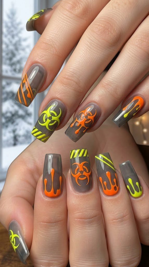 Edgy Halloween nail art with neon orange biohazard symbols on gray