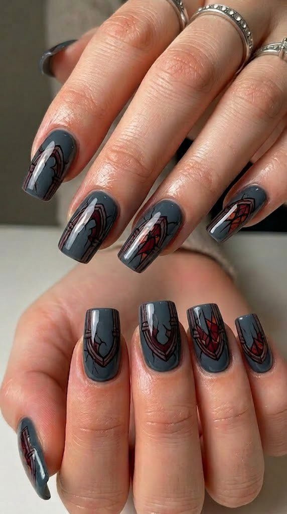 Slate grey fall coffin nails with burgundy stained glass artwork