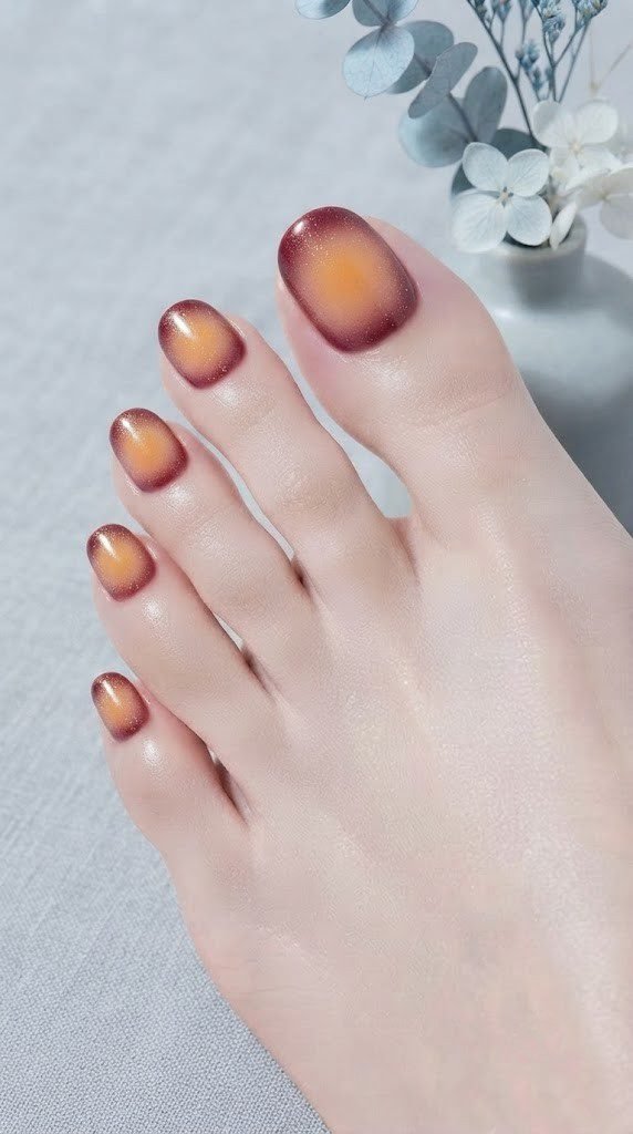 Aura cloud toe nail art blending marigold orange into burgundy wine