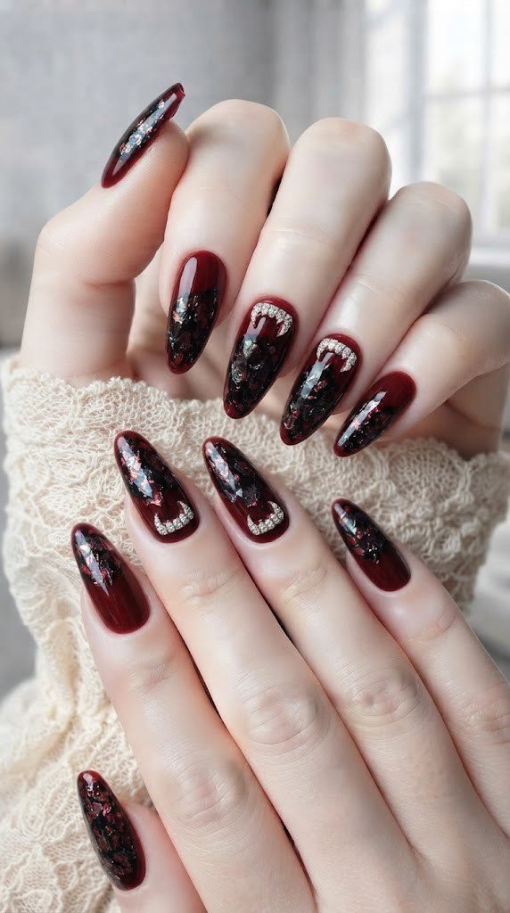 gothic vampire nails designs with cracked obsidian foil and tiny jeweled fangs