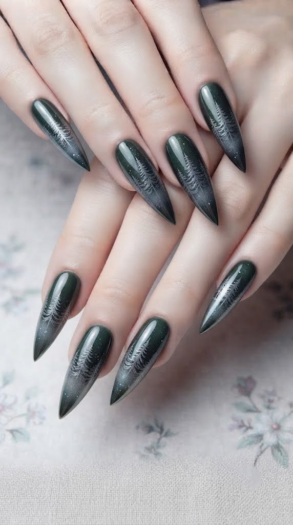 autumn nail designs in forest green chrome with pine tree silhouette