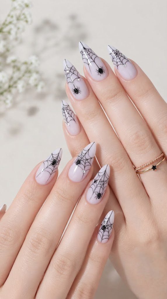Lilac white stiletto nail art with a linework spiderweb and crystal dewdrop