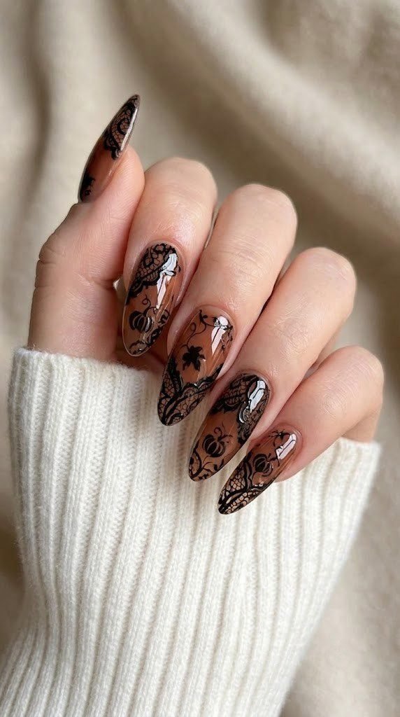 Spiced pecan jelly almond nails with lace pumpkin vines in obsidian chrome