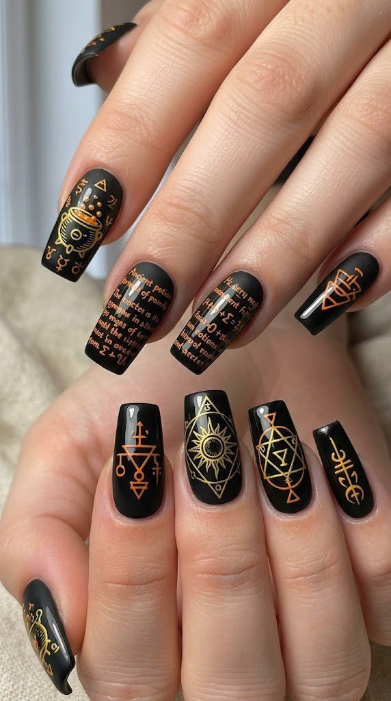 Witchy Halloween square nails featuring alchemy symbols and cauldron art